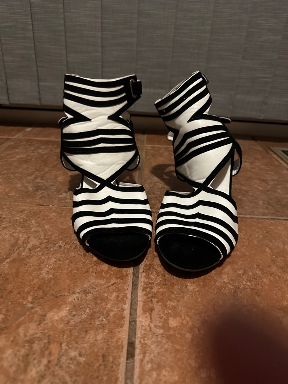 Striped Black & White Crisscross Ankle-Strap Heels